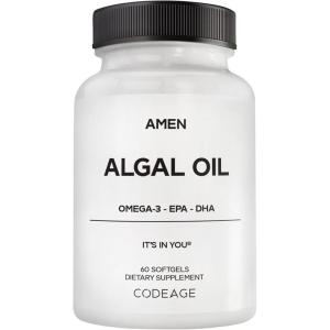 Amen Algal Oil Vegan Omega-3 Supplement – 1000mg DHA & EPA, Plant-Based Microalgae Oil, Non-GMO, 60 Softgels