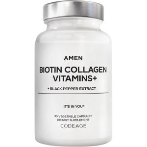 Amen Biotin Collagen Vitamins+ 10,000 mcg Biotin Supplement – Hydrolyzed Collagen, Vitamins C & E, Folate, Hyaluronic Acid, Keratin, MSM, Saw Palmetto – 3-Month Supply – Non-GMO – 90 Capsules