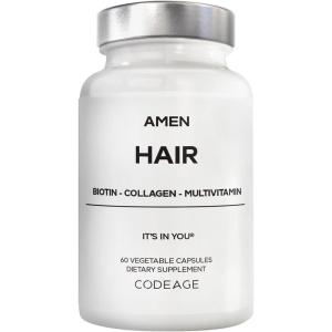 Amen Hair Vitamins – 10,000 mcg Biotin, Collagen Powder – Vitamin C, D3 & E, Pantothenic Acid, MSM, Zinc, Hyaluronic Acid, Inositol & Horsetail Extract – Non-GMO Hair Pill Supplements – 60 Capsules