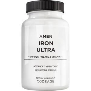 Amen Iron Ultra Supplement + Copper, Folate, Vitamin C and B12-2-Month Supply – Ferrous Sulfate Iron Vitamin – 65mg Per Serving – Folic Acid – Non-GMO Pills – 60 Capsules