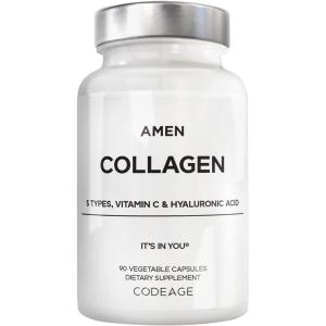 Amen Multi Collagen Peptides Capsules with Hyaluronic Acid and Vitamin C – 5 Types of Collagen Protein Type I, II, III, V, X – Grass Fed Hydrolyzed – 18 Amino Acids – Collagen Supplement – 90 Pills