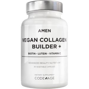 Amen Plant-Based Vegan Collagen Builder Supplement – Organic Whole Foods, Lutein, Vitamin C, Biotin, Lysine, Proline Collagen Boosters – Organic Cranberry, Lemon, Strawberry – Once A Day – 30 Capsules