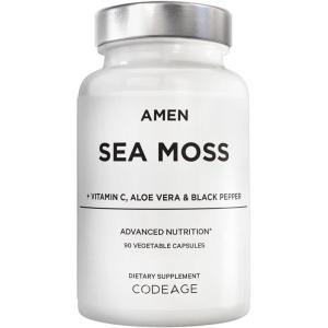 Amen Sea Moss Supplement – 1000mg Organic Irish Sea Moss, Bladderwrack, Burdock – Vitamin C, Aloe Vera, Black Pepper – Seaweed Superfood, Vitamins, Minerals, and Antioxidants – Non-GMO – 90 Capsules