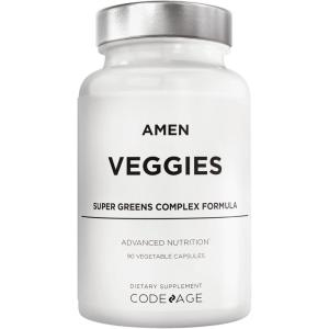 Amen Veggies, Daily Veggies Vitamins Supplement, Vegetables Vegan Blend & Whole-Food Raw Greens Multivitamin Capsules, Mushroom Complex, Superfood, Minerals, Green Vegetable Nutrients, Non-GMO, 90 ct