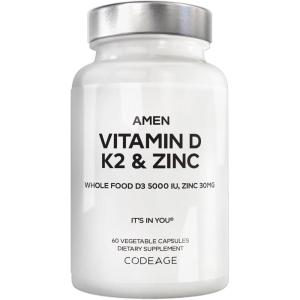 Amen Vitamin D, K2 & Zinc, Cholecalciferol D3 5000 IU, Organic Whole Food Blend with Apple, Blueberry, Cranberry, Elderberry Powder Fruits, Vegan Supplement, D3 K2 Vitamins, Non-GMO – 60 Capsules
