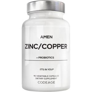 Amen Zinc & Copper Supplement + Probiotics, 3 Months Supply, One Per Day – 50 mg Zinc Picolinate Vitamin Pills – Essential Minerals Supplements – 2 Billion CFUs Probiotic – Vegan, Non-GMO, 90 Capsules