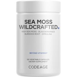 Codeage Raw Wildcrafted Irish Sea Moss Supplement, Spirulina Algae, Bladderwrack Seaweed, Burdock Root, Black Pepper, Vegan, Non-GMO, 120 Capsules