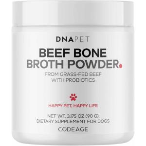 DNA PET Beef Bone Broth Powder for Dogs Supplement – Grass-Fed Beef with Canine Probiotics (Bacillus coagulans & Bacillus subtilis) – Canine Joint & Gut Wellness Support – All Breeds & Sizes – 3.17 oz