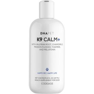 DNA PET K9 Calm+ Liquid Supplement for Dogs – Botanical Blend with Valerian Root, Chamomile, Passion Flower & Hemp Seed Oil – Thiamine & Melatonin – Bacon & Peanut Butter Flavor – 8 fl oz