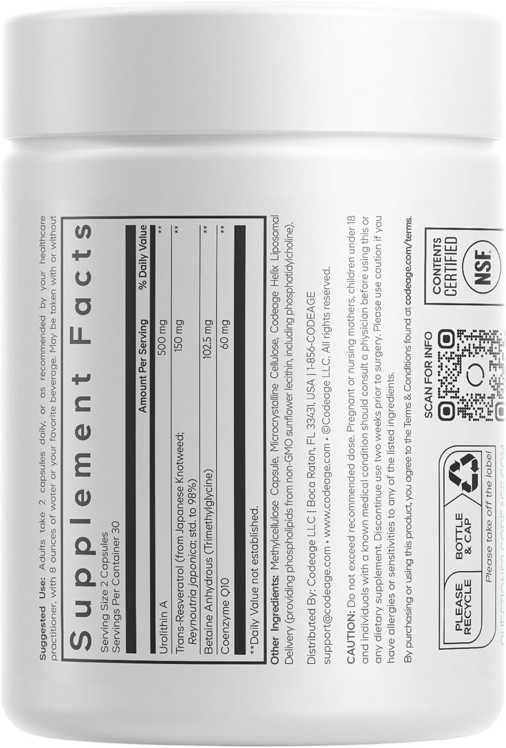 image:imageCodeage Liposomal Urolithin A Supplement 500mg Per Serving Resveratrol Betaine CoQ10 Ellagitannins A New Frontier Beyond NADH NMN NAD NR and PQQ Vitamins Bioavailable 60 Capsules