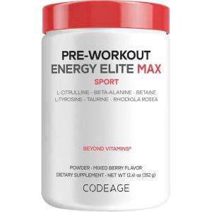 Codeage Pre-Workout Energy Elite Max – L-Citrulline, Beta-Alanine, Betaine, L-Tyrosine, Taurine, Rhodiola Rosea – Performance & Energy Workout Powder Supplement – Mixed Berry Flavor – 12.41 oz