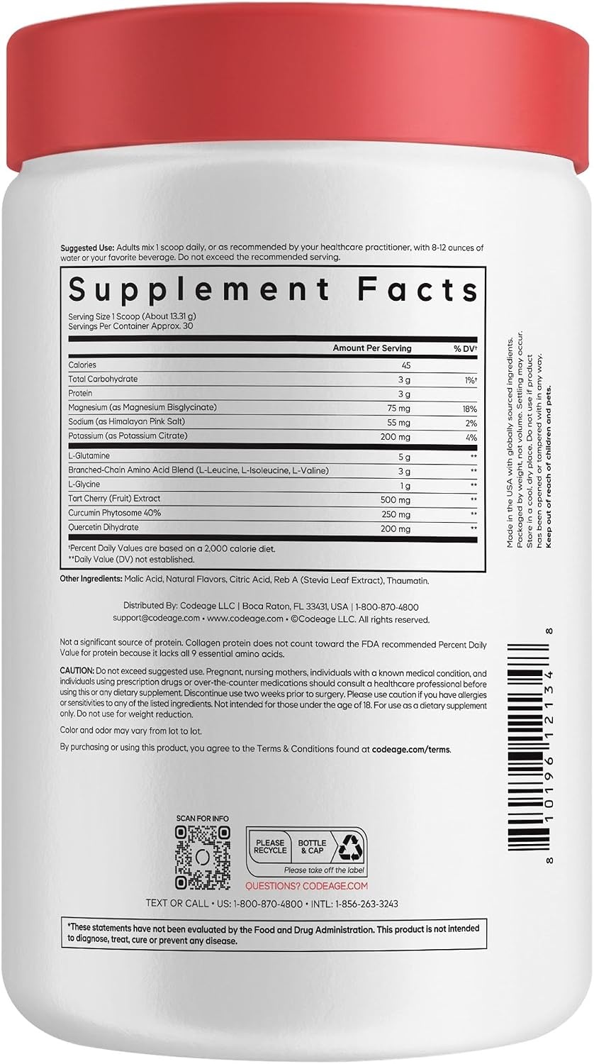 image:imageCodeage PostWorkout Recovery Elite Max BCAA LGlutamine Tart Cherry Curcumin Quercetin Magnesium Potassium Muscle Recovery Post Workout Supplement Powder Tropical Mango Flavor 14 oz