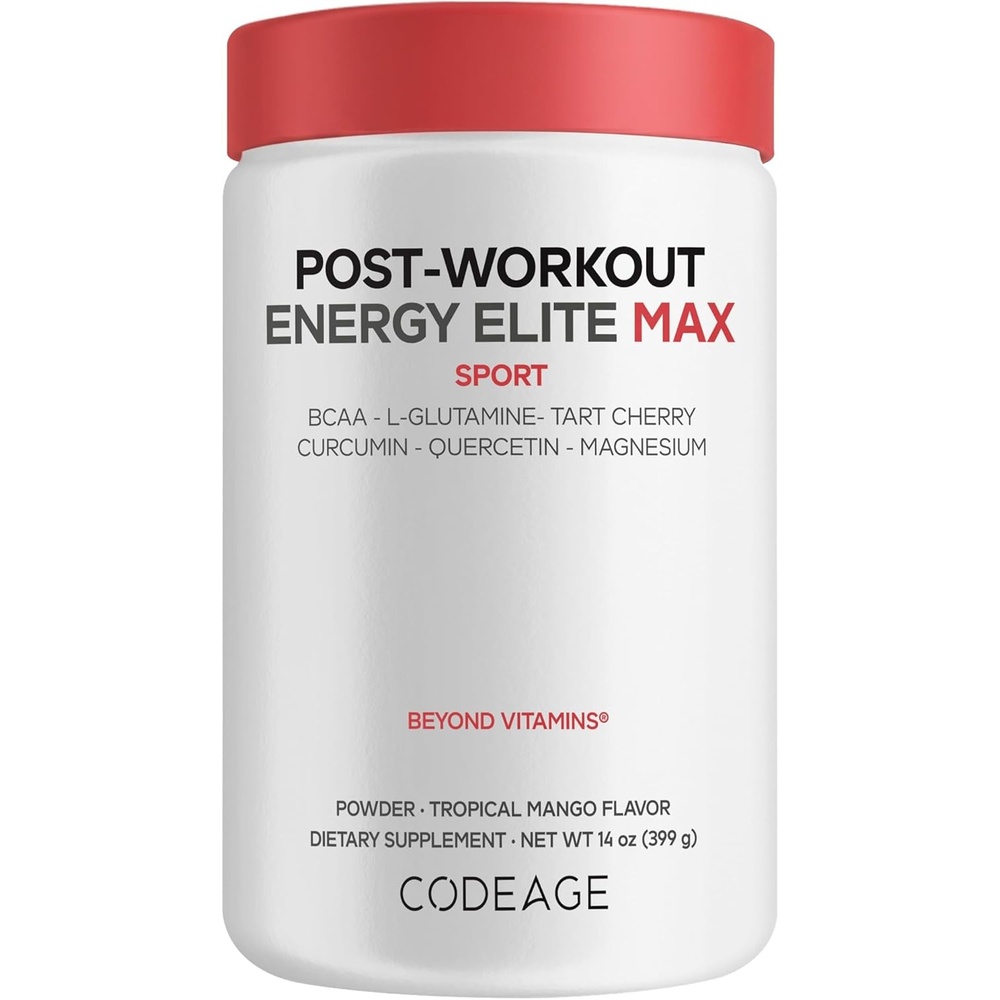 image:imageCodeage PostWorkout Recovery Elite Max BCAA LGlutamine Tart Cherry Curcumin Quercetin Magnesium Potassium Muscle Recovery Post Workout Supplement Powder Tropical Mango Flavor 14 oz