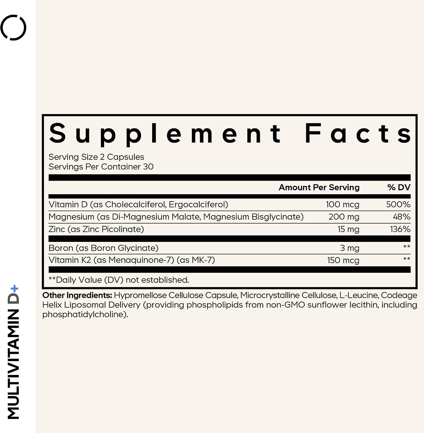 image:imageCodeage Multivitamin D with K2 Magnesium amp Zinc 60 Capsules Features vitamins D2 and D3 providing 4000 IU per serving with vitamin K2 MK7